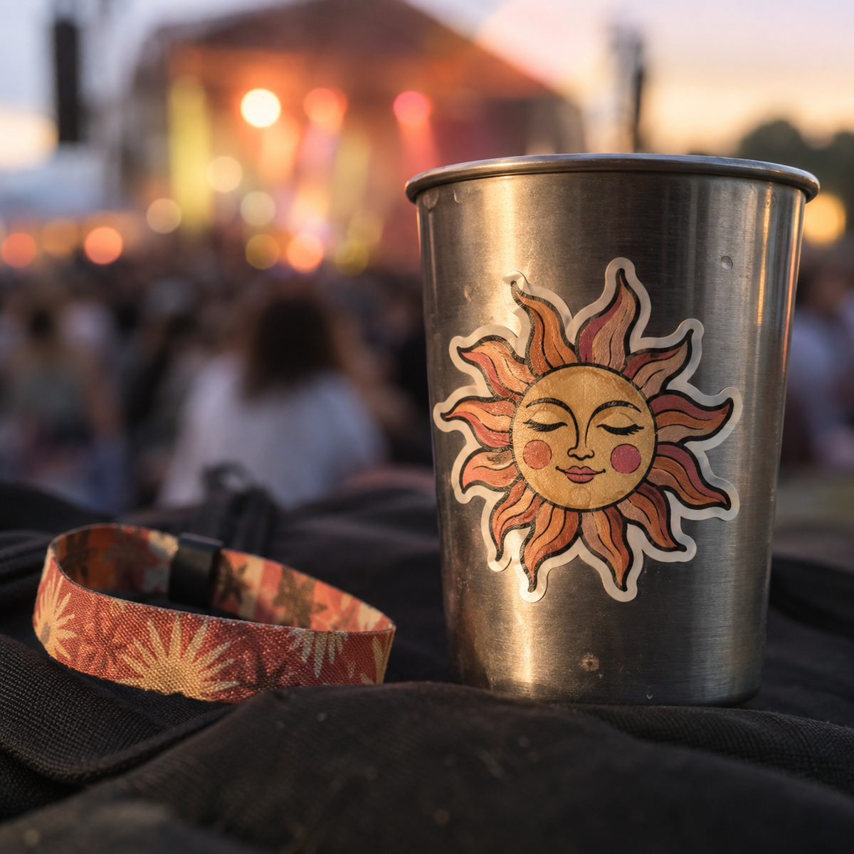 Festival Sticker auf einem Metallbecher