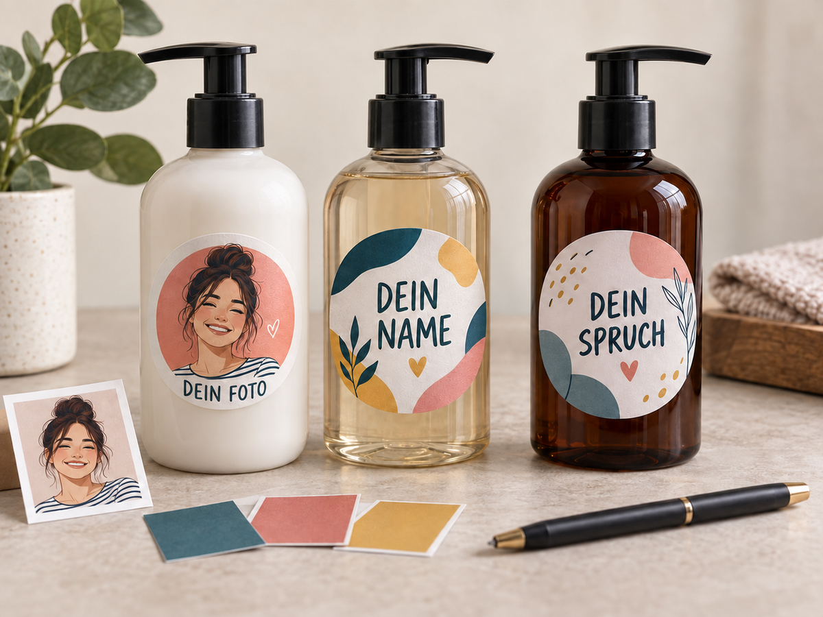 Drei Flaschen mit individuellen Etiketten für eigenes Foto, eigenen Namen und eigenen Spruch